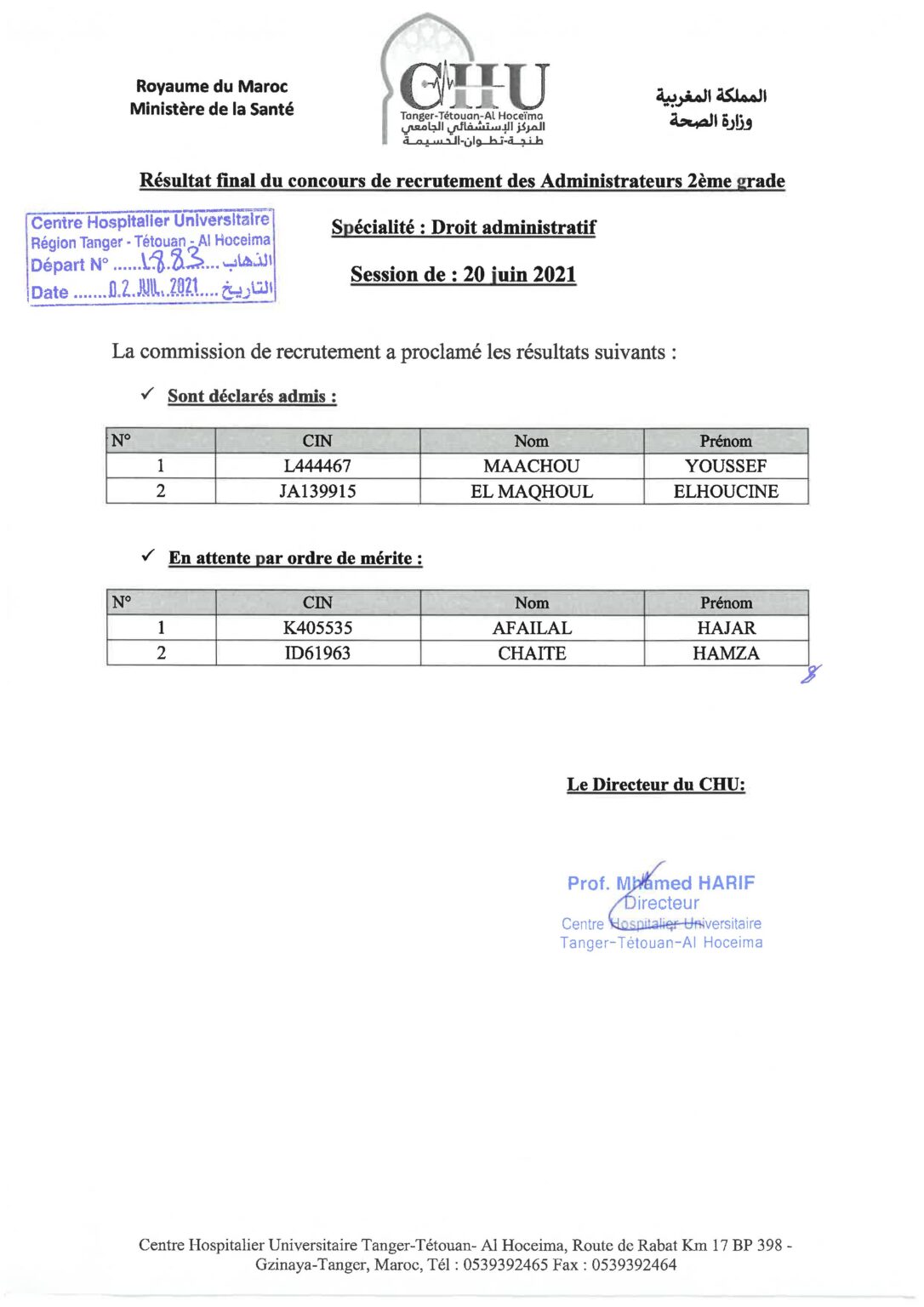 Résultat final du concours de recrutement des ...